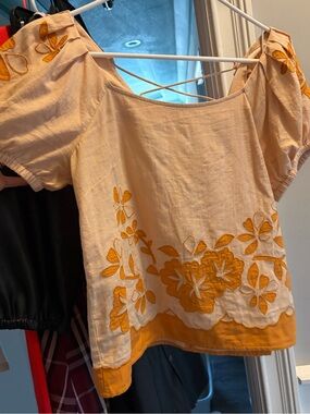 Madewell Peach Embroidered Puff-Sleeve Top with Mustard Accents